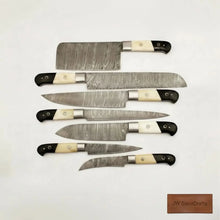 Load image into Gallery viewer, 7-Piece Damascus Knife Set with White Bone and Black Resin Handles