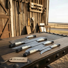 Load image into Gallery viewer, 7-Piece Damascus Knife Set with White Bone and Black Resin Handles
