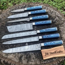 Load image into Gallery viewer, 7-Piece Damascus Knife Set Blue Stabilized Wood with Wood Grain Blades