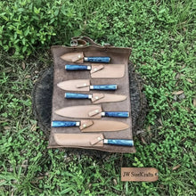 Load image into Gallery viewer, 7-Piece Damascus Knife Set Blue Stabilized Wood with Wood Grain Blades