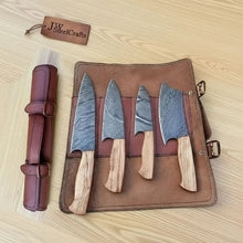 Load image into Gallery viewer, 4 Piece Damascus Knife Set Olive Wood with Cleaver
