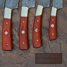 Load image into Gallery viewer, 5 Piece Damascus Kitchen Knife Set with Rosewood Handles, Cleaver Bread Chef Utility and Paring Knives, Handmade Professional Cooking Set