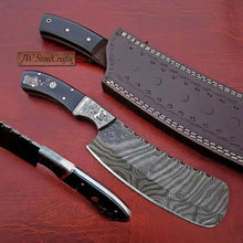 Load image into Gallery viewer, 10-Inch Forged Damascus Nakiri Chopper — Ladder Pattern Blade, Engraved Damascus Bolster, Black Resin Handle &amp; Tooled Leather Sheath