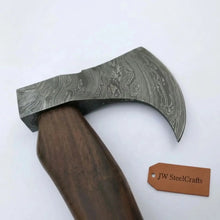 Load image into Gallery viewer, Hand-Forged Damascus Bearded Bushcraft Hatchet with Curved Hardwood Handle