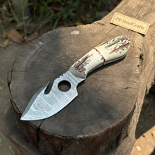 Load image into Gallery viewer, Handmade Damascus Gut Hook Skinner Hunting Knife Fixed Blade Synthetic Stag Handle with Thumb Hole