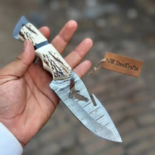 Load image into Gallery viewer, Handmade Damascus Gut Hook Hunting Knife Fixed Blade Synthetic Stag Handle with Eagle Engraving