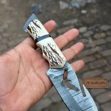 Load image into Gallery viewer, Handmade Damascus Gut Hook Hunting Knife Fixed Blade Synthetic Stag Handle with Eagle Engraving