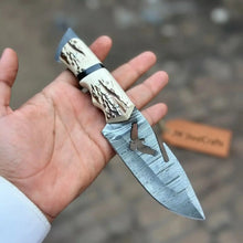 Load image into Gallery viewer, Handmade Damascus Gut Hook Hunting Knife Fixed Blade Synthetic Stag Handle with Eagle Engraving