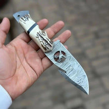 Load image into Gallery viewer, Damascus Gut Hook Hunting Knife with Deer Cutout Blade and Synthetic Stag Handle
