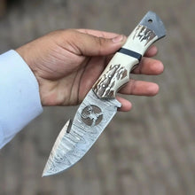 Load image into Gallery viewer, Damascus Gut Hook Hunting Knife with Deer Cutout Blade and Synthetic Stag Handle