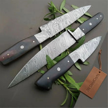 Load image into Gallery viewer, 3-Piece Twisted Damascus Knife Set with Black Micarta Handles