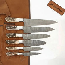 Load image into Gallery viewer, 7-Piece Damascus Kitchen Knife Set — Synthetic Stag Horn Handles, Brass Bolsters &amp; Full Tang Forged Blades