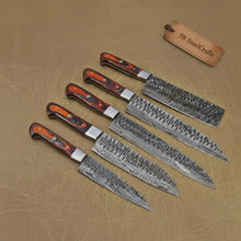 Load image into Gallery viewer, 5-Piece Damascus Knife Set Orange Black Pakka Wood Handles with Hammered Tsuchime Blades