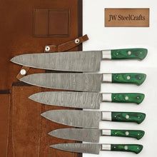Load image into Gallery viewer, 6-piece handmade Damascus chef knife set with green pakkawood handles