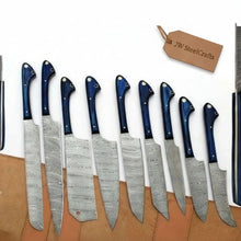 Load image into Gallery viewer, 9-Piece Damascus Kitchen Knife Set with Leather Roll and Blue Pakka Wood Handles