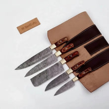 Load image into Gallery viewer, 5-Piece Forged Damascus Culinary Knife Set with Pakka Wood Handles and Wood Grain Blades
