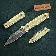 Load image into Gallery viewer, Handmade Damascus Steel Folding Knife with Olive Wood Handle – Brass Liner Pocket Knife