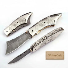 Load image into Gallery viewer, Hand Engraved Damascus Folding Knife with Skull Design &amp; Brass Liners – Collector Pocket Knife