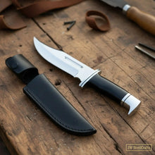 Load image into Gallery viewer, Carbon Steel Clip Point Bowie Knife — Black Resin Handle, Steel Guard, Steel Pommel &amp; Mirror Polished Blade