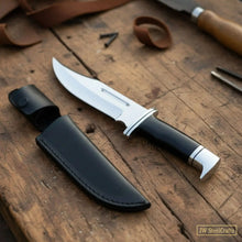 Load image into Gallery viewer, Carbon Steel Clip Point Bowie Knife — Black Resin Handle, Steel Guard, Steel Pommel &amp; Mirror Polished Blade