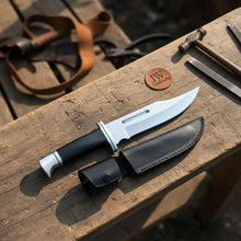Load image into Gallery viewer, Carbon Steel Clip Point Bowie Knife — Black Resin Handle, Steel Guard, Steel Pommel &amp; Mirror Polished Blade