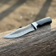 Load image into Gallery viewer, Damascus Trailing Point Fixed Blade Hunting Knife — Forged Ladder Pattern Blade, Black Resin Handle &amp; Steel Guard