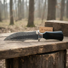 Load image into Gallery viewer, Damascus Trailing Point Fixed Blade Hunting Knife — Forged Ladder Pattern Blade, Black Resin Handle &amp; Steel Guard