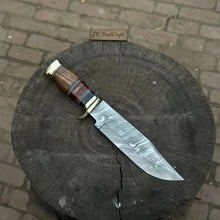 Load image into Gallery viewer, Handmade Damascus Steel Bowie Knife  Stacked Leather Handle with Brass Fittings