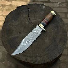 Load image into Gallery viewer, Handmade Damascus Steel Bowie Knife  Stacked Leather Handle with Brass Fittings