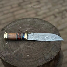 Load image into Gallery viewer, Handmade Damascus Steel Bowie Knife  Stacked Leather Handle with Brass Fittings