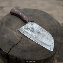 Load image into Gallery viewer, 10-Inch Damascus Camp Cleaver — 5.5 Inch Blade, Tali Wood Handle, Silver Pins &amp; Black Spacer