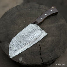 Load image into Gallery viewer, 10-Inch Damascus Camp Cleaver — 5.5 Inch Blade, Tali Wood Handle, Silver Pins &amp; Black Spacer