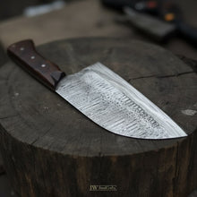 Load image into Gallery viewer, 10-Inch Damascus Camp Cleaver — 5.5 Inch Blade, Tali Wood Handle, Silver Pins &amp; Black Spacer