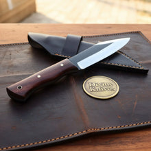 Load image into Gallery viewer, Rosewood Handle Drop Point Knife with Satin Blade and Cross Draw Leather Sheath