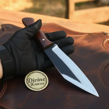 Load image into Gallery viewer, Rosewood Handle Drop Point Knife with Satin Blade and Cross Draw Leather Sheath