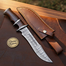 Load image into Gallery viewer, Walnut Handle Clip Point Bowie Knife with Fullered Layered Blade and Tooled Leather Sheath