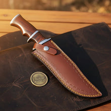 Load image into Gallery viewer, Walnut Handle Clip Point Bowie Knife with Fullered Layered Blade and Tooled Leather Sheath