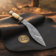Load image into Gallery viewer, Damascus Stacked Bone Kukri with Layered Curved Blade