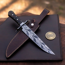 Load image into Gallery viewer, Coffin Handle Damascus Feather Bowie – Feather Pattern Blade with Dark Wood Handle