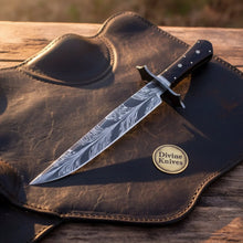 Load image into Gallery viewer, Coffin Handle Damascus Feather Bowie – Feather Pattern Blade with Dark Wood Handle