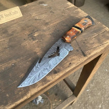 Load image into Gallery viewer, Handmade Feather Damascus Hunting Knife with Burned Camel Bone Handle &amp; Eagle Engraving