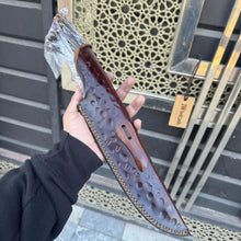 Load image into Gallery viewer, Handmade Feather Damascus Hunting Knife with Burned Camel Bone Handle &amp; Eagle Engraving