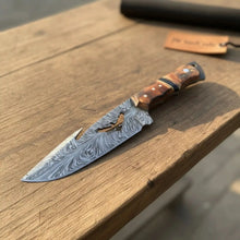 Load image into Gallery viewer, Handmade Feather Damascus Hunting Knife with Burned Camel Bone Handle &amp; Eagle Engraving