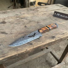 Load image into Gallery viewer, Handmade Feather Damascus Hunting Knife with Burned Camel Bone Handle &amp; Eagle Engraving