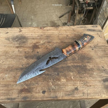 Load image into Gallery viewer, Handmade Feather Damascus Hunting Knife with Burned Camel Bone Handle &amp; Eagle Engraving
