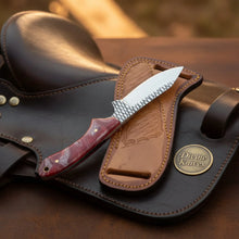 Load image into Gallery viewer, Maroon Finger Groove Rasp Skinner Knife with leather sheath