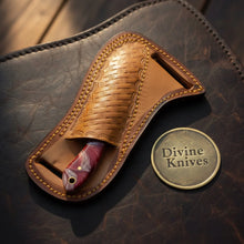 Load image into Gallery viewer, Maroon Finger Groove Rasp Skinner Knife with leather sheath