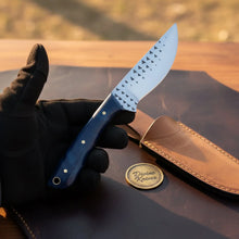 Load image into Gallery viewer, Blue Swirl Resin Rasp Cowboy Knife with Curved Rasp-Style Blade