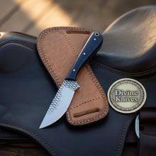 Load image into Gallery viewer, Blue Swirl Resin Rasp Cowboy Knife with Curved Rasp-Style Blade