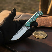 Load image into Gallery viewer, Green Swirl Resin Rasp Cowboy Knife with Clip Point Blade
